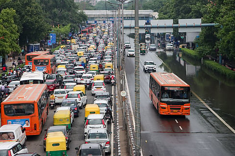 Vehicles stuck in traffic jam after rains, in New Delhi, Thursday, August 1, 2024